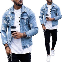 Men's Distressed Denim Jacket - Light Blue Ripped Irregular Washed Fit - Hip Hop Style