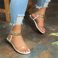 Trendy Women's Chain Strap Flat Sandals – Breathable Hollow PU Summer Flats in Black, Brown & White