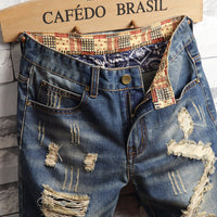 Stylish Men's Big Hole Denim Shorts - Korean Slim Fit Summer Capris Pants