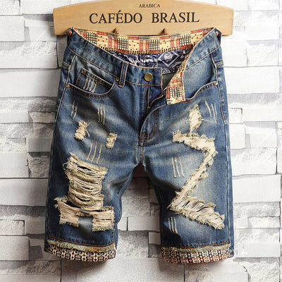 Stylish Men's Big Hole Denim Shorts - Korean Slim Fit Summer Capris Pants
