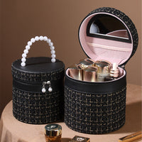 Elegant PU Cylinder Cosmetic Bag with Built-in Mirror - Travel & Vanity Organizer
