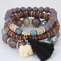 Boho Baby Elephant Wood Bead Stackable Tassel Bracelet – Lucky Charm Jewelry for Women