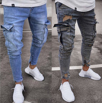 Men's Distressed Cargo Jeans – Streetwear Denim with Ripped Holes & Utility Pockets