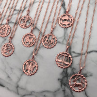 Round Zodiac Constellation Necklace in Rose Gold Copper | Personalized Star Sign Pendant