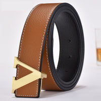 Unisex Smooth Buckle Leather Belt – V-Buckle Stitched Design
