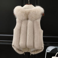 Women’s Faux Fur Vest – Sleeveless Winter Layering Coat in Milk Tea & Camel
