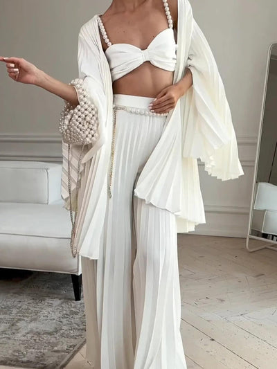 Women's White Pleated Vest, Cardigan & Wide-Leg Pants 3-Piece Suit