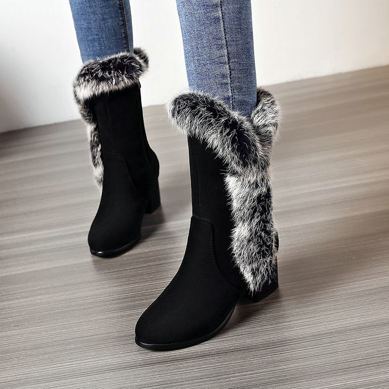 Heavenly Warmth: Luxury Suede Rabbit Fur Snow Boots for Women - Divine Comfort & Stylish Winter Footwear