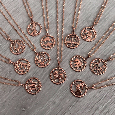 Round Zodiac Constellation Necklace in Rose Gold Copper | Personalized Star Sign Pendant
