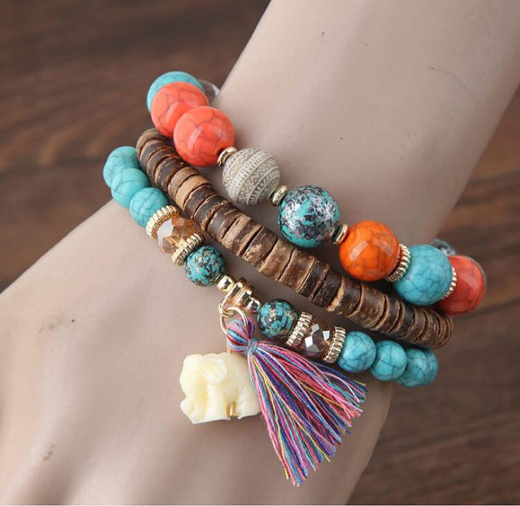 Boho Baby Elephant Wood Bead Stackable Tassel Bracelet – Lucky Charm Jewelry for Women