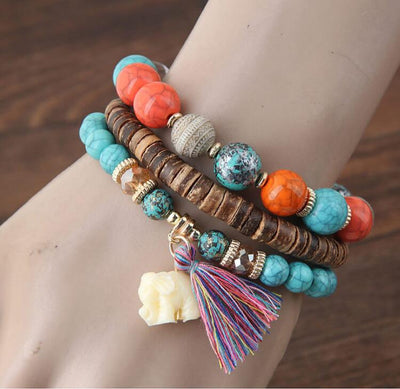 Boho Baby Elephant Wood Bead Stackable Tassel Bracelet – Lucky Charm Jewelry for Women