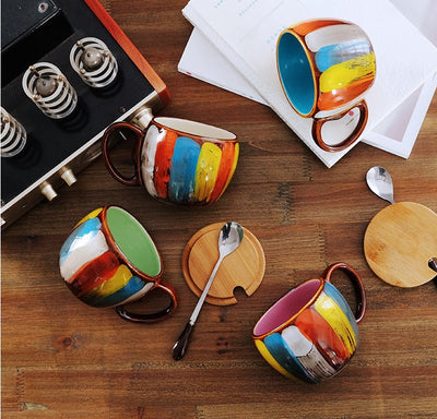 Elegant Couple Ceramic Cup Set with Lid & Spoon - Handmade Breakfast & Coffee Mugs
