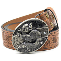 Christian Trendy Belt with Engraved Knife Buckle - Embossed PU Leather Belt for Men
