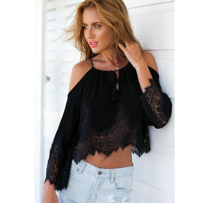 Women's Lace Cold Shoulder Blouse 2026 | Trendy Spring Brunch Top – White & Black S/M/L/XL What Else You Got?