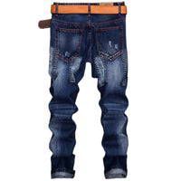Men’s Retro Ripped Straight Jeans – Mid-Waist Cotton Denim 28–42