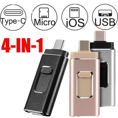4-in-1 Multi-Port USB Stick for iPhone & Android - Plug & Play File Transfer (Compatible with Apple & Type-C)