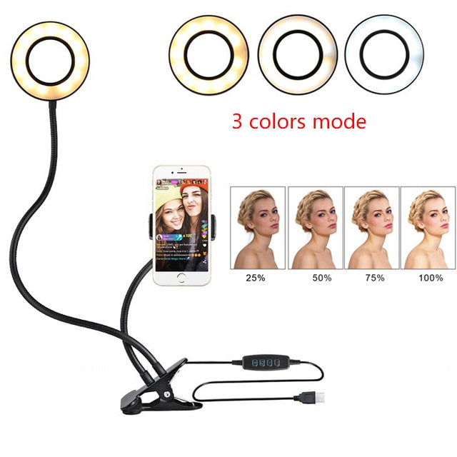 LED Selfie Ring Light with Clamp – 3‑Color Dimmable USB Makeup & Live Streaming Phone Holder What Else You Got?