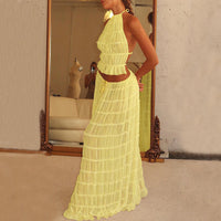 Elegant 2-Piece Halter Top & Pleated Long Skirt Beach Set - Summer Fashion for Women