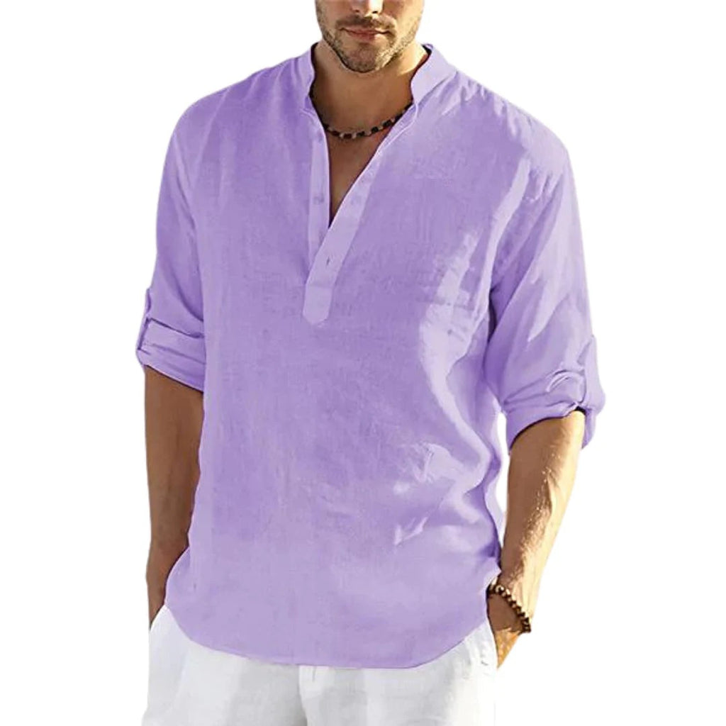 Men's Casual Cotton Linen Solid Color Long Sleeve Shirt Loose Stand Collar What Else You Got?