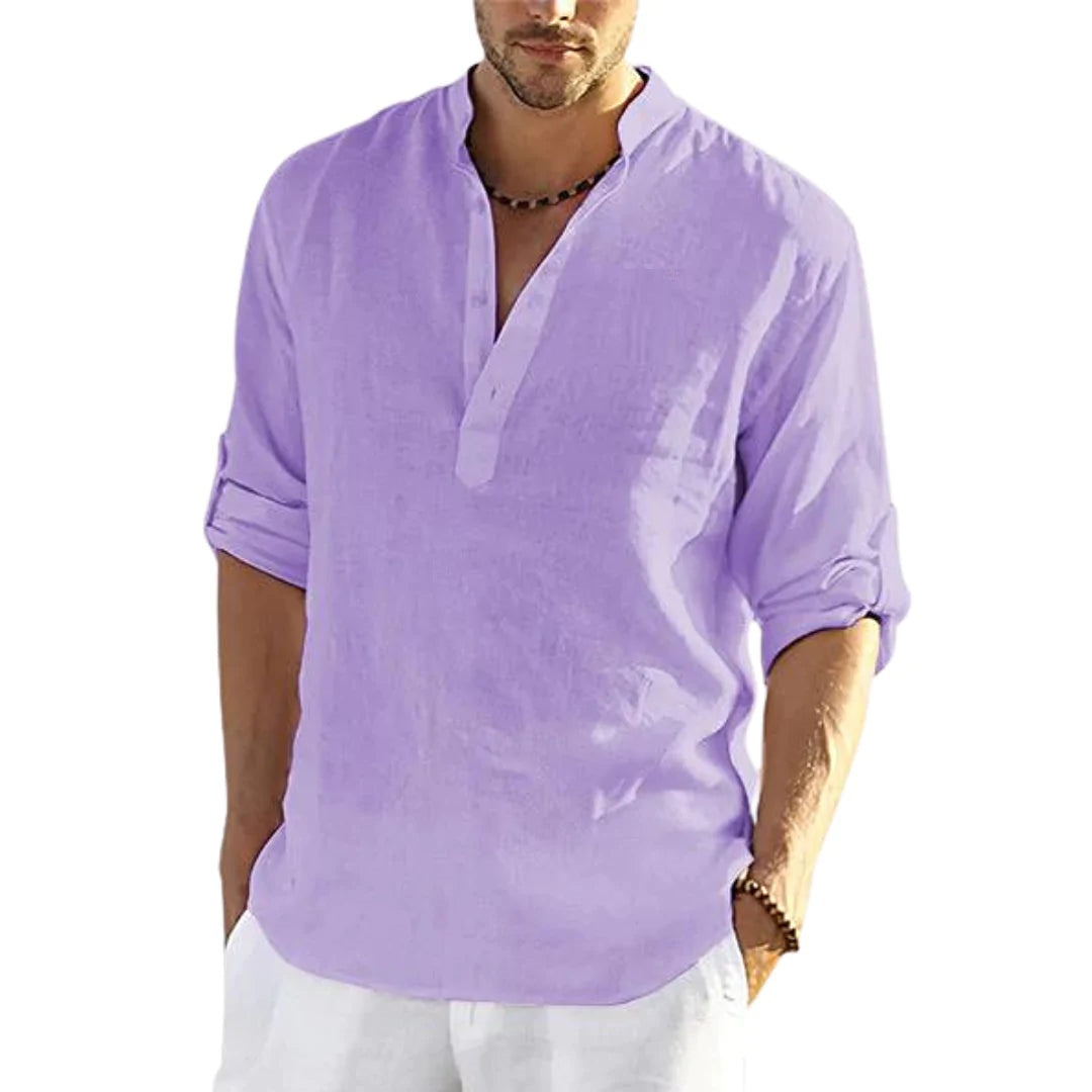 Men's Casual Cotton Linen Solid Color Long Sleeve Shirt Loose Stand Collar What Else You Got?