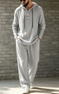 Mens Linen Loose-fit Hoodie And Pants Set