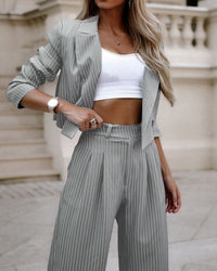 Chic Striped Christian Suit Set - Modest Lapel Top & Straight Pants for Spring & Summer - Elegant Faith-Inspired Fashion