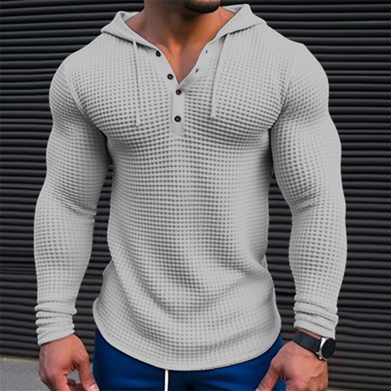 Men’s Waffle‑Knit Pullover Long Sleeve T‑Shirt – Slim Casual Solid Color Hooded Streetwear What Else You Got?