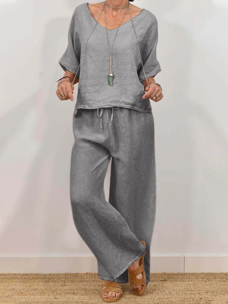 Womens Multi-Color Two-Piece Set Casual V-Neck Pullover With Three-Quarter Sleeves And Extended Pants What Else You Got?