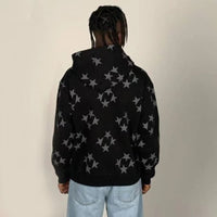 Star Print Zip-Up Hooded Cardigan – Streetwear Hoodie Jacket for Men & Women