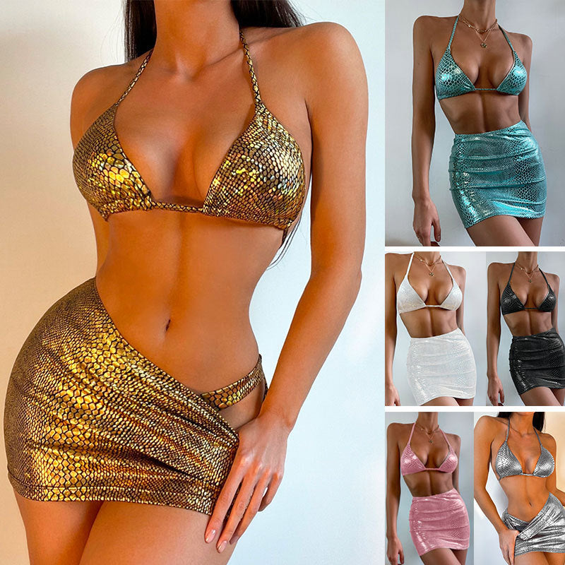 Women's Snake Print Halter Bikini Set with Cover-Up Skirt - Summer Beach Swimsuit
