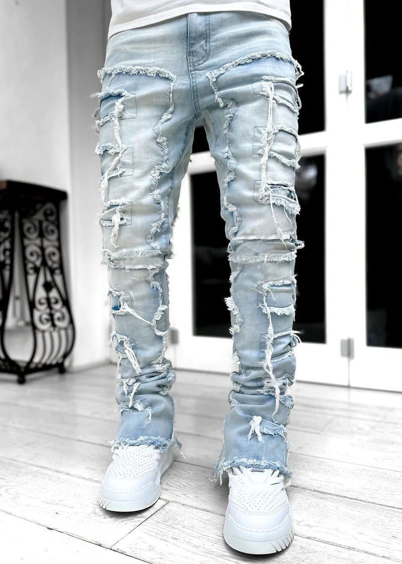 Men’s Stacked Ripped Patch Jeans – INS Fringe Streetwear Slim Fit Trousers What Else You Got?
