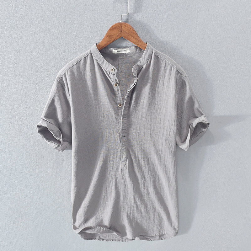 Men's Stand Collar Japanese Ice Silk Linen Short Sleeve T-shirt What Else You Got?