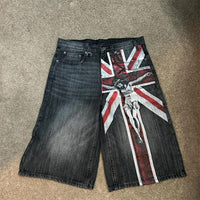 Flag Print Worn Looking Washed-out Baggy Denim Shorts Men
