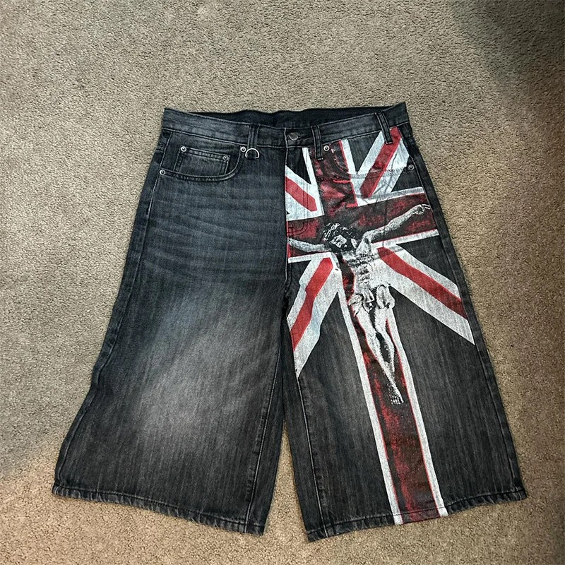 Flag Print Worn Looking Washed-out Baggy Denim Shorts Men