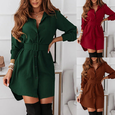 Elegant Lapel Long-Sleeve Belt Dress - Stylish Button-Down Christian Women's Fashion