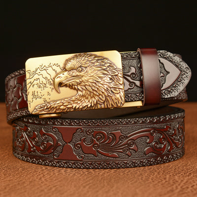 Men's Eagle Head Automatic Buckle Belt – Carved Leather