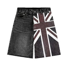 Flag Print Worn Looking Washed-out Baggy Denim Shorts Men