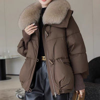 Women's Short Fur Collar Puffer Jacket - Warm Winter Coat with Faux Fur Trim