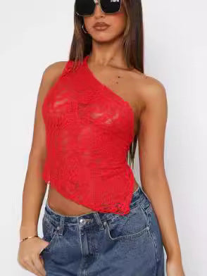 Ins Lace Backless Top Summer Solid Color Waistless Asymmetrical Sloped Neck Vest Streetwear Womens Clothes What Else You Got?