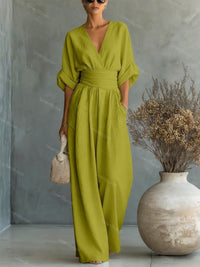 Elegant Waist-Cinching V-Neck Jumpsuit for Women - Modest & Stylish | Christian Fashion