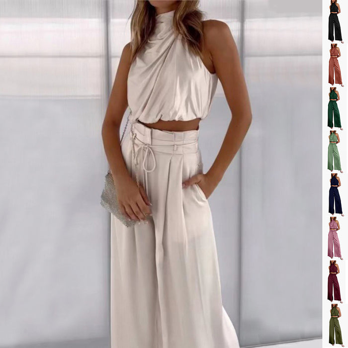 Women's Midriff Top & Wide Leg Pants Set – Summer Two-Piece
