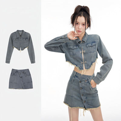 Elegant Women's Denim Jacket & Skirt Set - Art Retro Two-Piece Outfit | Modest & Stylish
