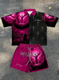 Patchwork Angel-Print Zip-Up Shirt Set