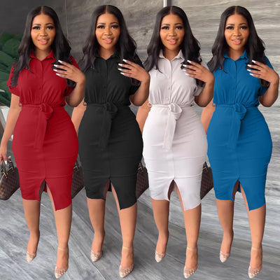 Summer Shirt Dress with Belt – Button-Down Split Hem Midi Dress (S-XXL)