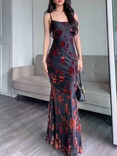 Women's Flocked Strappy Maxi Dress – Fitted Bodice Evening Gown