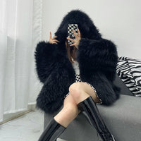 Women’s Faux Fur Hooded Pullover – Oversized Artificial Fur Winter Top