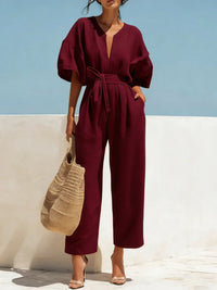 Women's V-Neck Cotton-Linen Jumpsuit – Breathable Summer Chic & Timeless Elegance