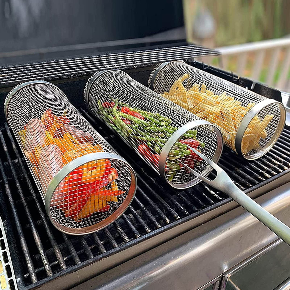 Rolling Grill Basket – Stainless Steel Rotating BBQ Basket for Meat & Vegetables