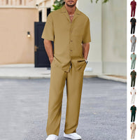 Men's Two-Piece Suit Set – Short Sleeve Shirt & Straight Pants – Complete Matching Outfit – 10 Colors