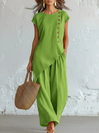 Elegant Women's Two-Piece Crewneck Button-Up & Wide-Leg Pants Set – Casual Chic Outfit
